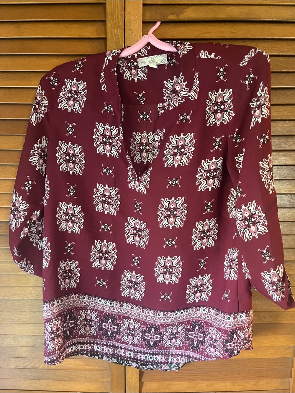 Pink Rose Women's Burgundy Printed V-Neck Tunic Top Size 14